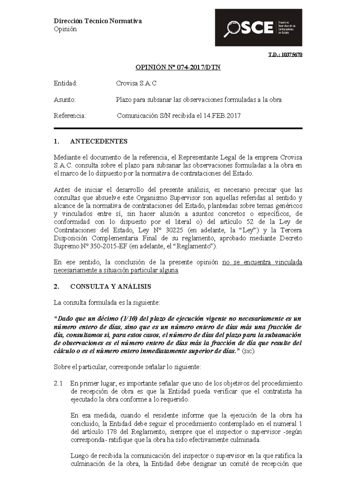 Opinión Técnica sobre Plazo para Subsanar Observaciones - T.D ...
