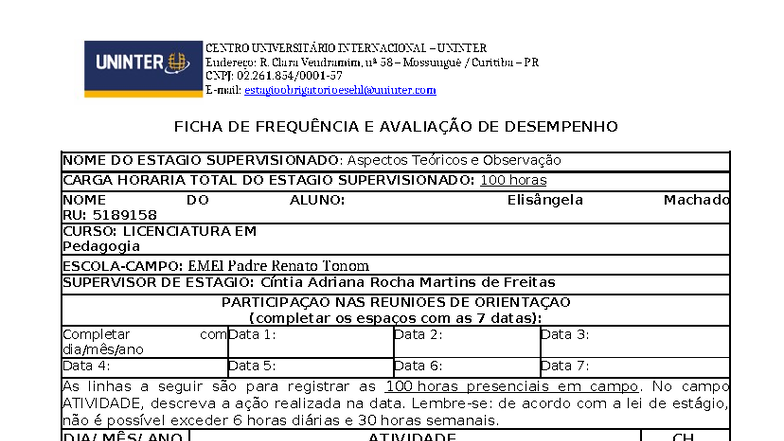 Ficha de Frequência e Avaliação de Desempenho - Estágio Supervisionado ...