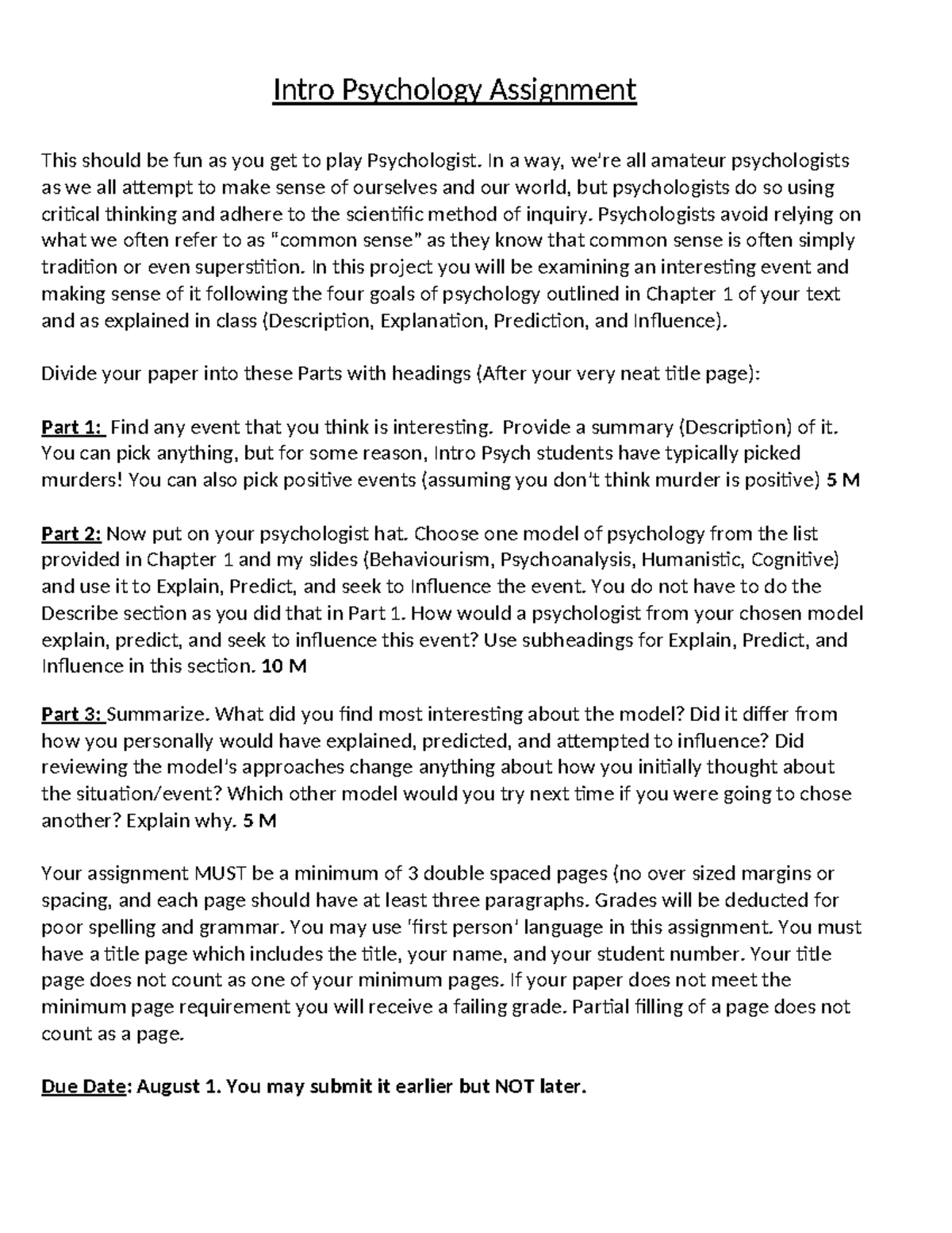 Intro Psychology (PSY101) Four Goals Assignment: Exploring Events - Studocu
