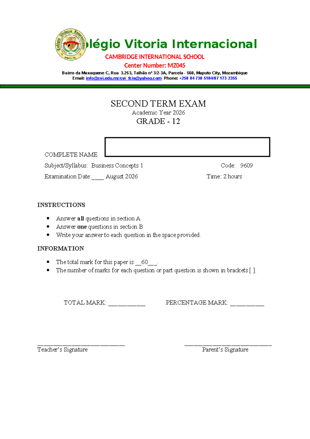 Business Concepts 1 (9609) Grade 12 2nd Term Exam 2026 - Studocu