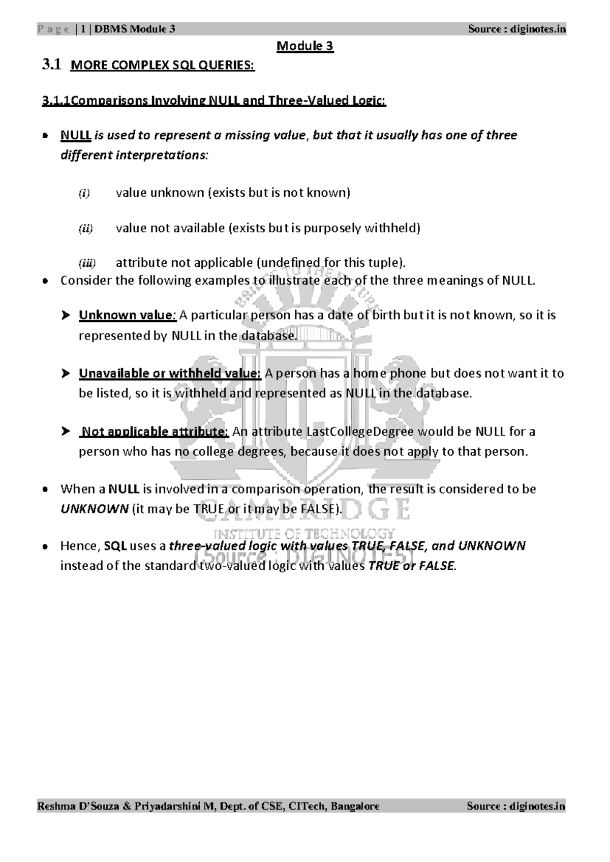 Dbms mod3 - Database Management Systems - Module 3 3 MORE COMPLEX SQL ...