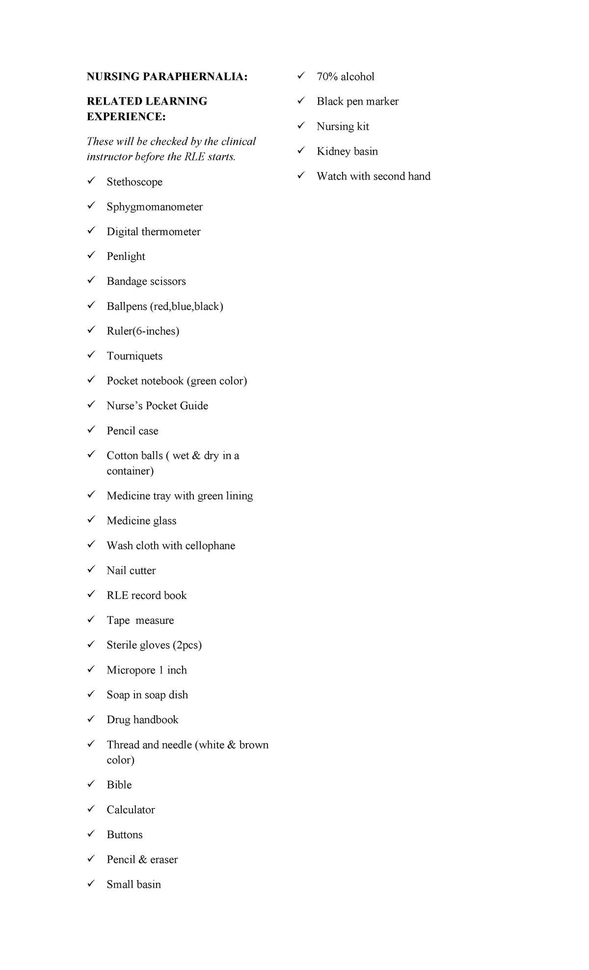 NURS 101: Essential Nursing Paraphernalia for RLE Preparation - Studocu