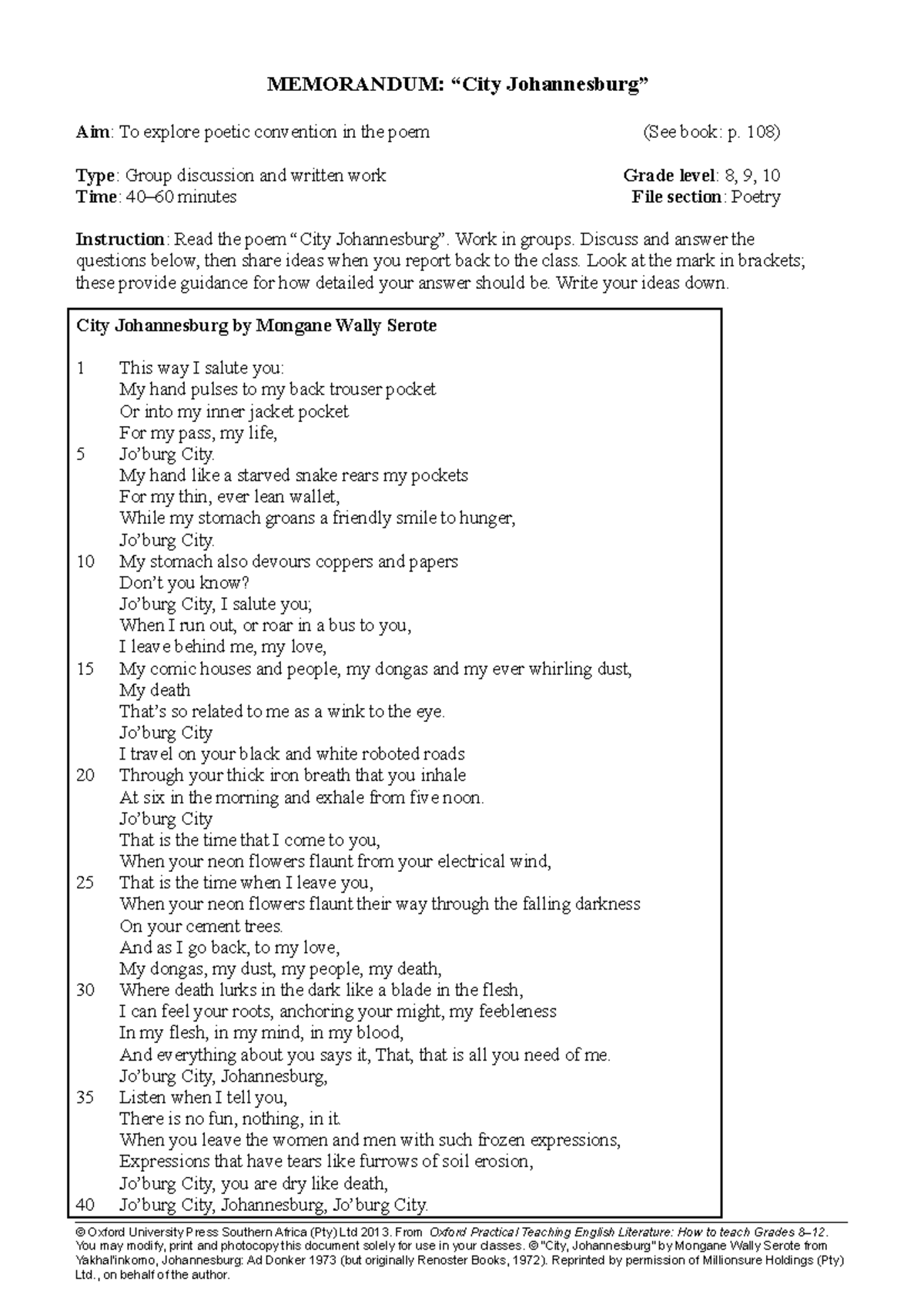 ENG2602 POEM 5 11 Memo for task - MEMORANDUM: “City Johannesburg” Aim ...