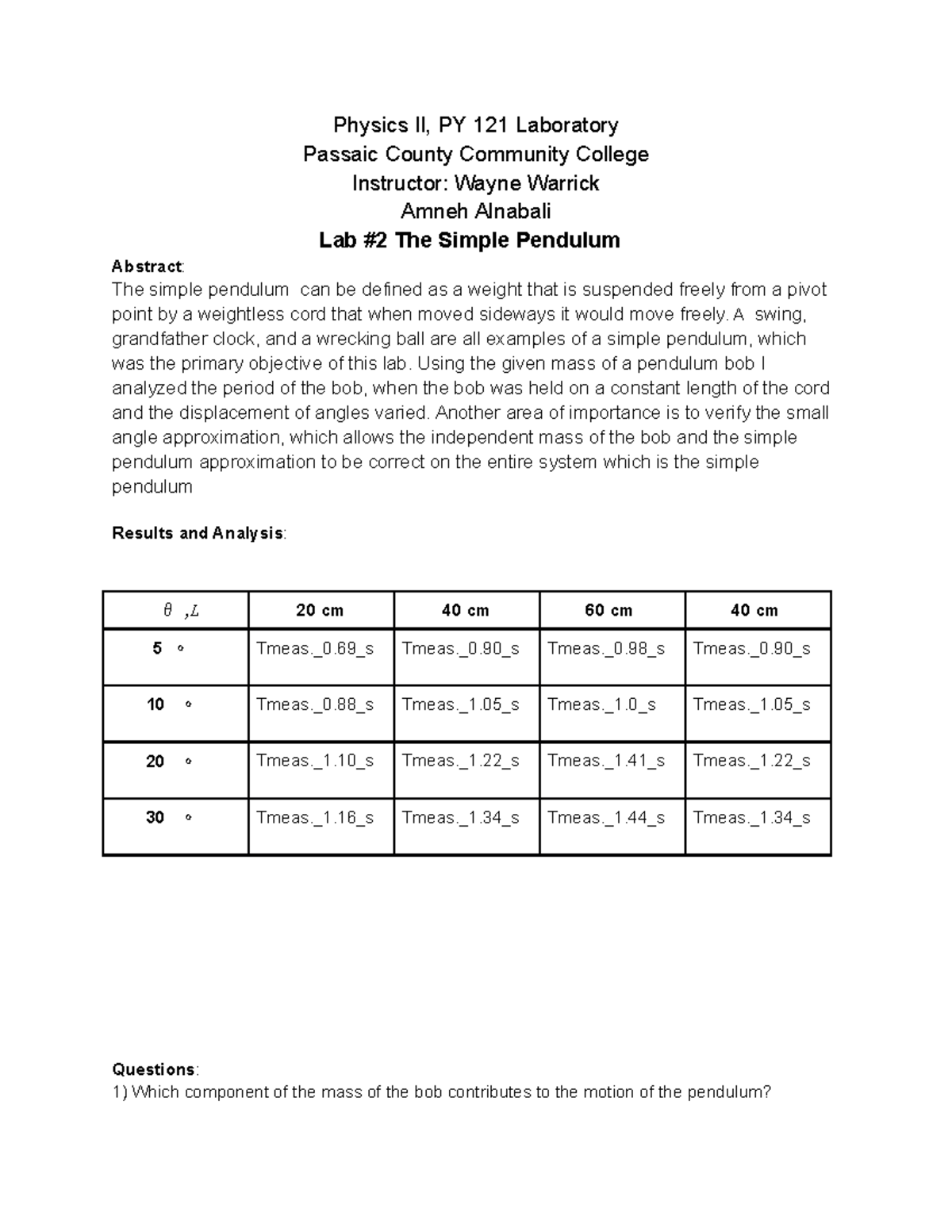 Lab 2 The Simple Pendulum - Physics II, PY 121 Laboratory Passaic ...