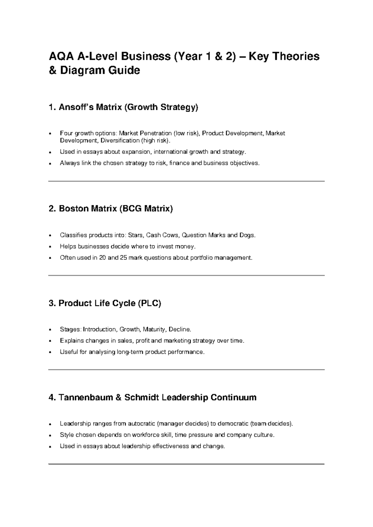 AQA A Level Business Theory Diagrams Revision Guide - Studocu