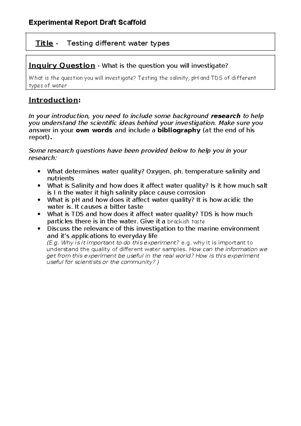 Experimental Report on Water Quality: Salinity, pH, and TDS Analysis ...