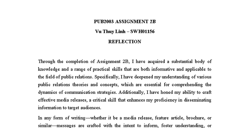 PUB2003 Assignment 2B Reflection on PR Skills and Theories - Studocu