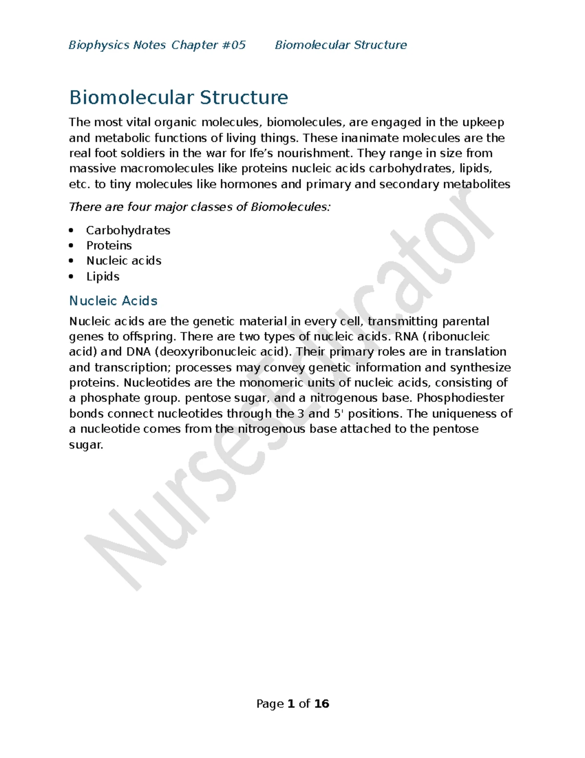 Nucleotides Notes: Biophysics & Biochemistry Overview of RNA & DNA ...