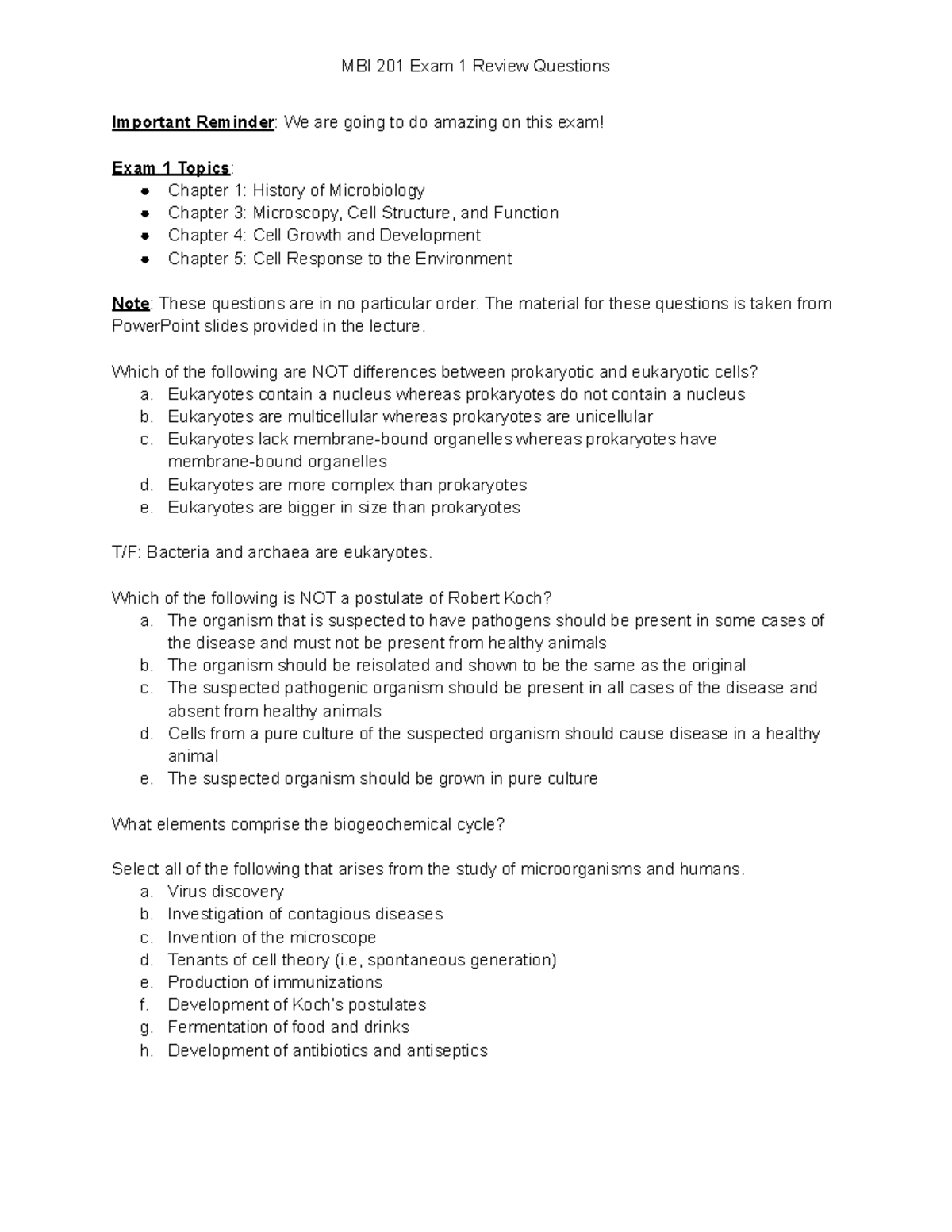 MBI 201 Exam 1 Practice Questions and Study Guide - Studocu