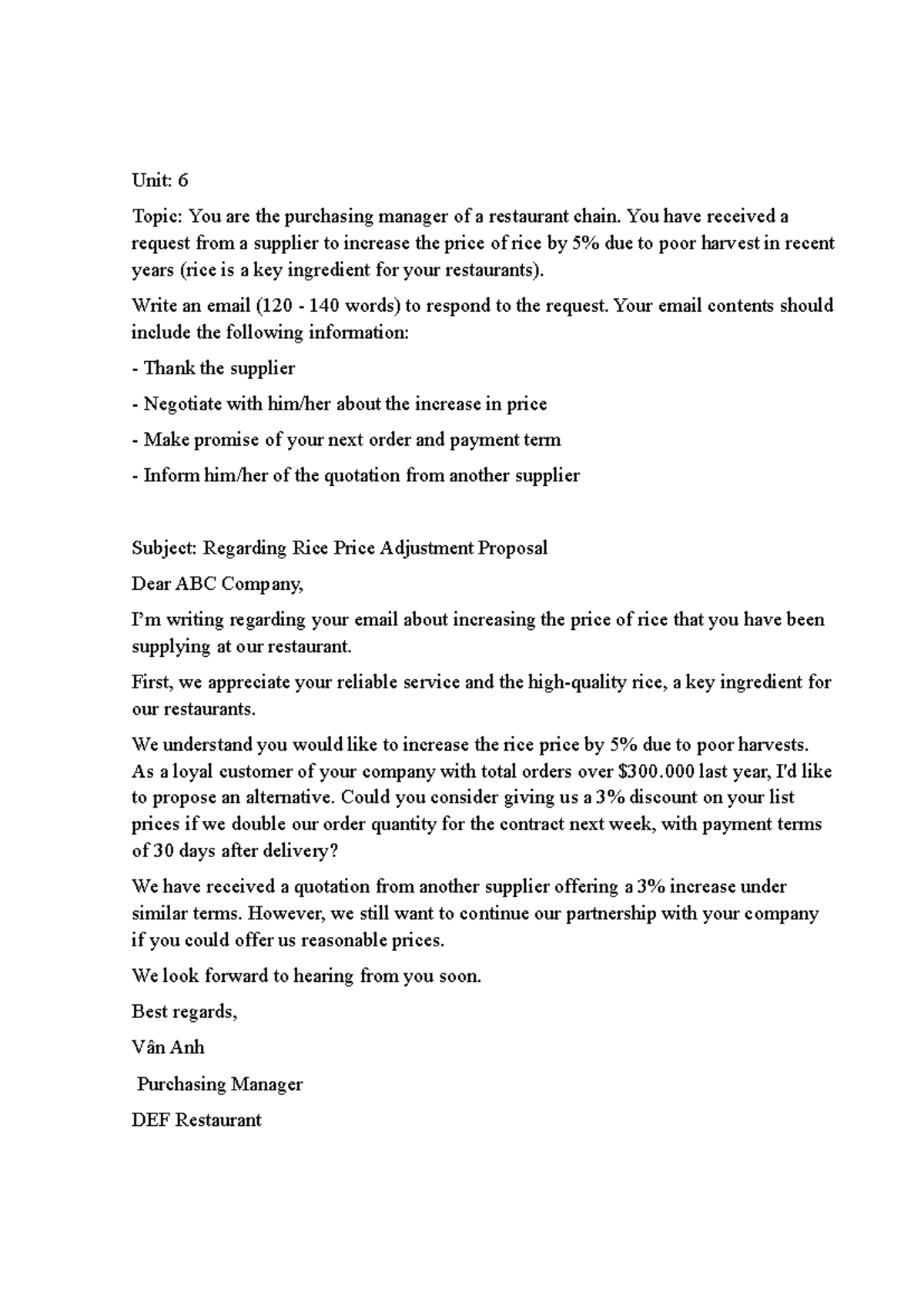Unit 6: Email Response to Rice Price Increase Request - DEF Restaurant ...