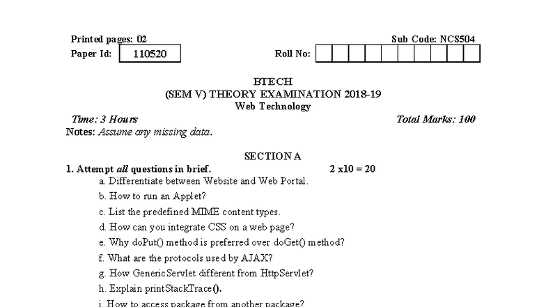 BTech CS 5 Sem Web Technology NCS504 Exam Notes 2019 - Studocu