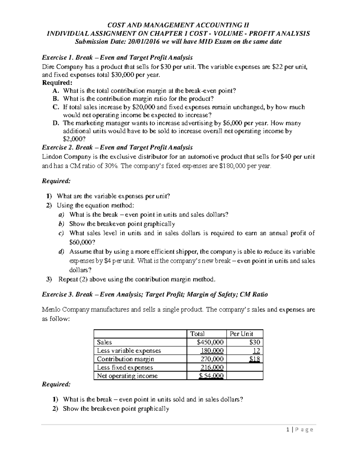 COST II Individual Assignment: Chapter 1 CVP Analysis Exercises - Studocu