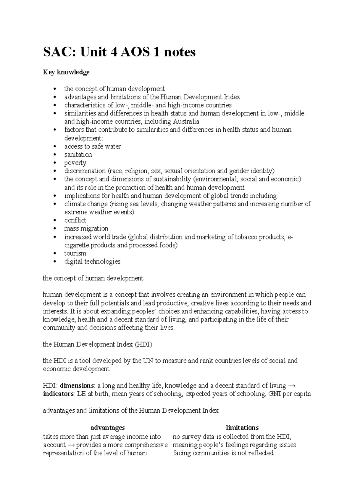 SAC 1 Unit 4 Notes: Human Development Concepts & HDI Analysis - Studocu