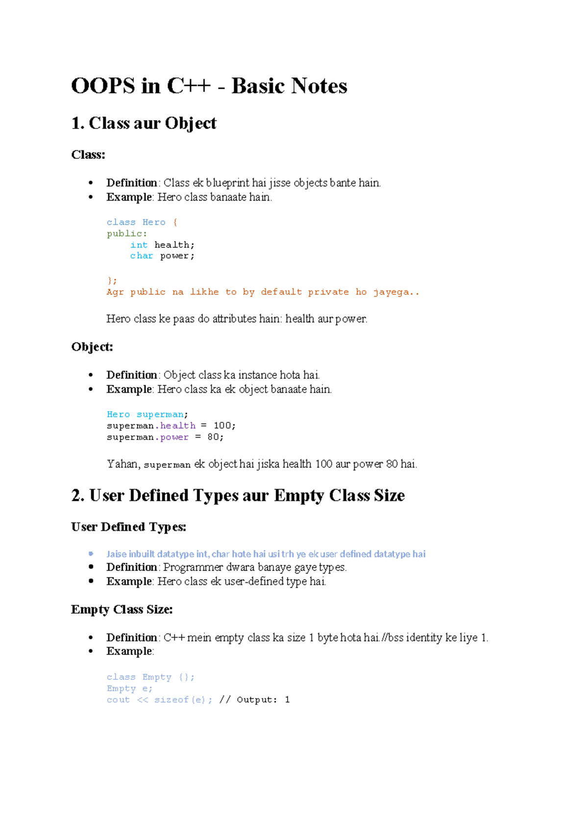 OOPS in C++ - Short Notes on Class and Object Concepts - Studocu