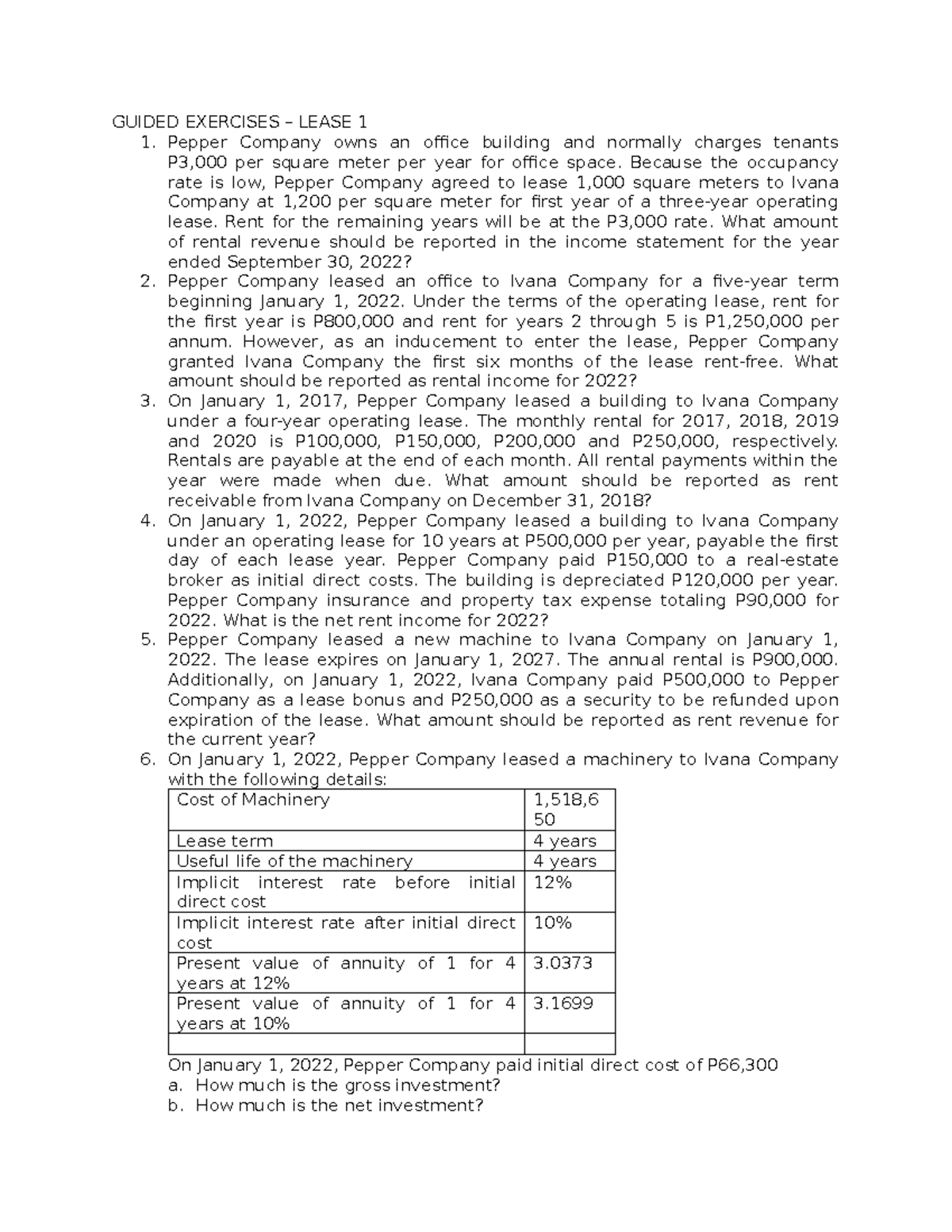 Guided Exercises Lease Lessor (Course Code: LEASE 1) - Studocu