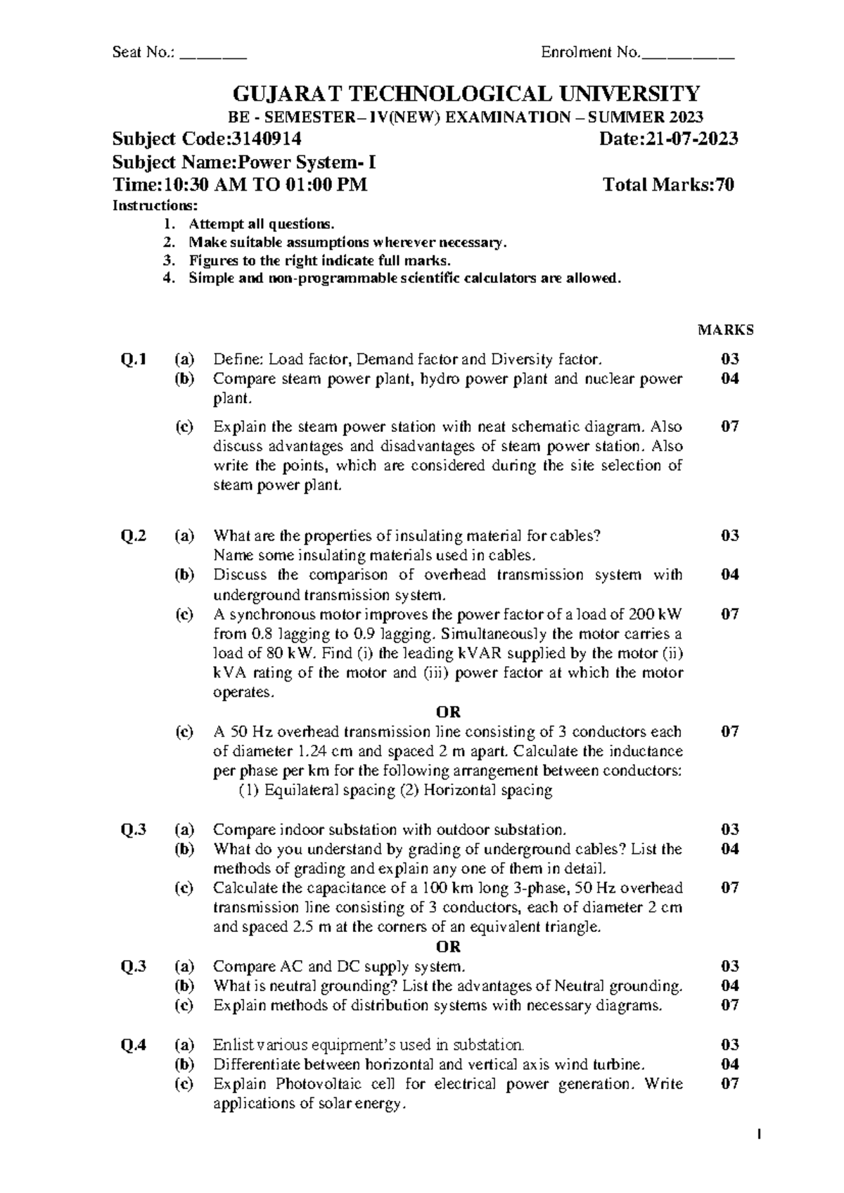GTU Power System-I 3140914 Summer 2023 Exam Paper - Studocu