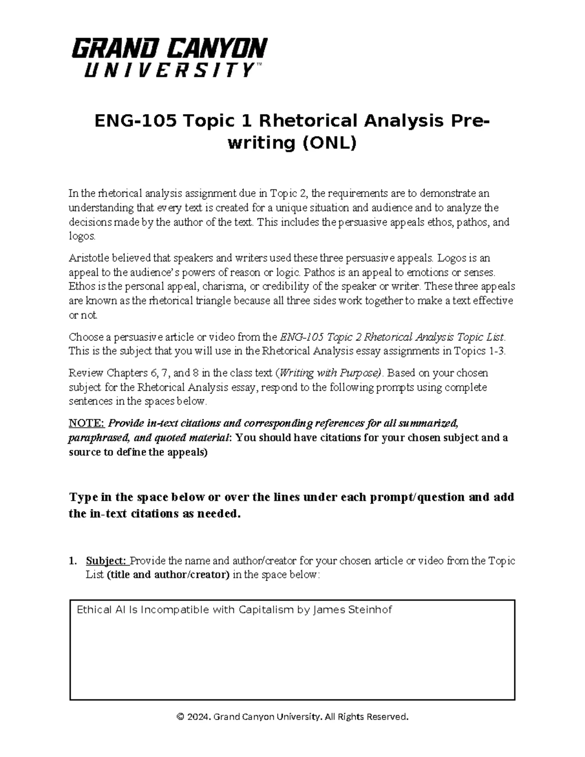 ENG-105 Rhetorical Analysis Pre-Writing Exercise on Ethical