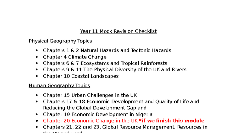 Year 11 Mock Revision Checklist: Physical & Human Geography Topics ...