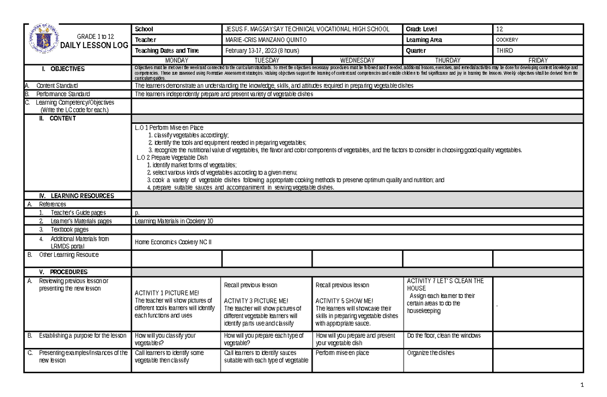 DLL- Cookery 12- Weekly Lesson Plan for Quarter 3, Week 1 - Studocu