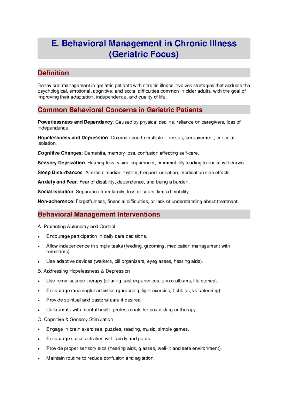 Behavioral Management in Chronic Illness: Geriatric Focus (Group-5 ...