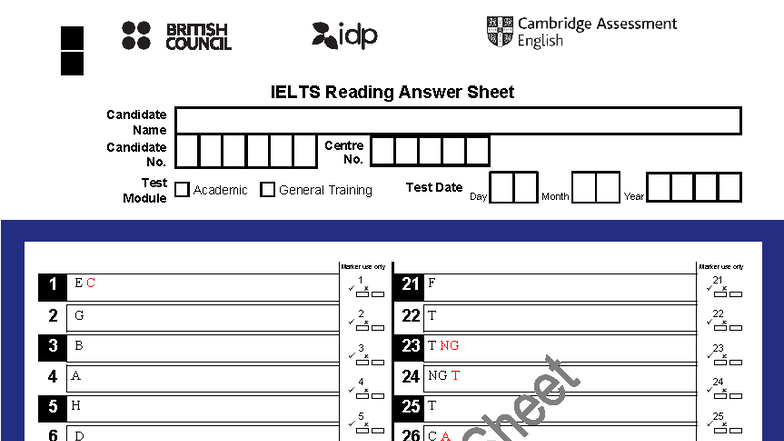 IELTS Reading Test Answer Sheet - Academic/General Training - Studocu