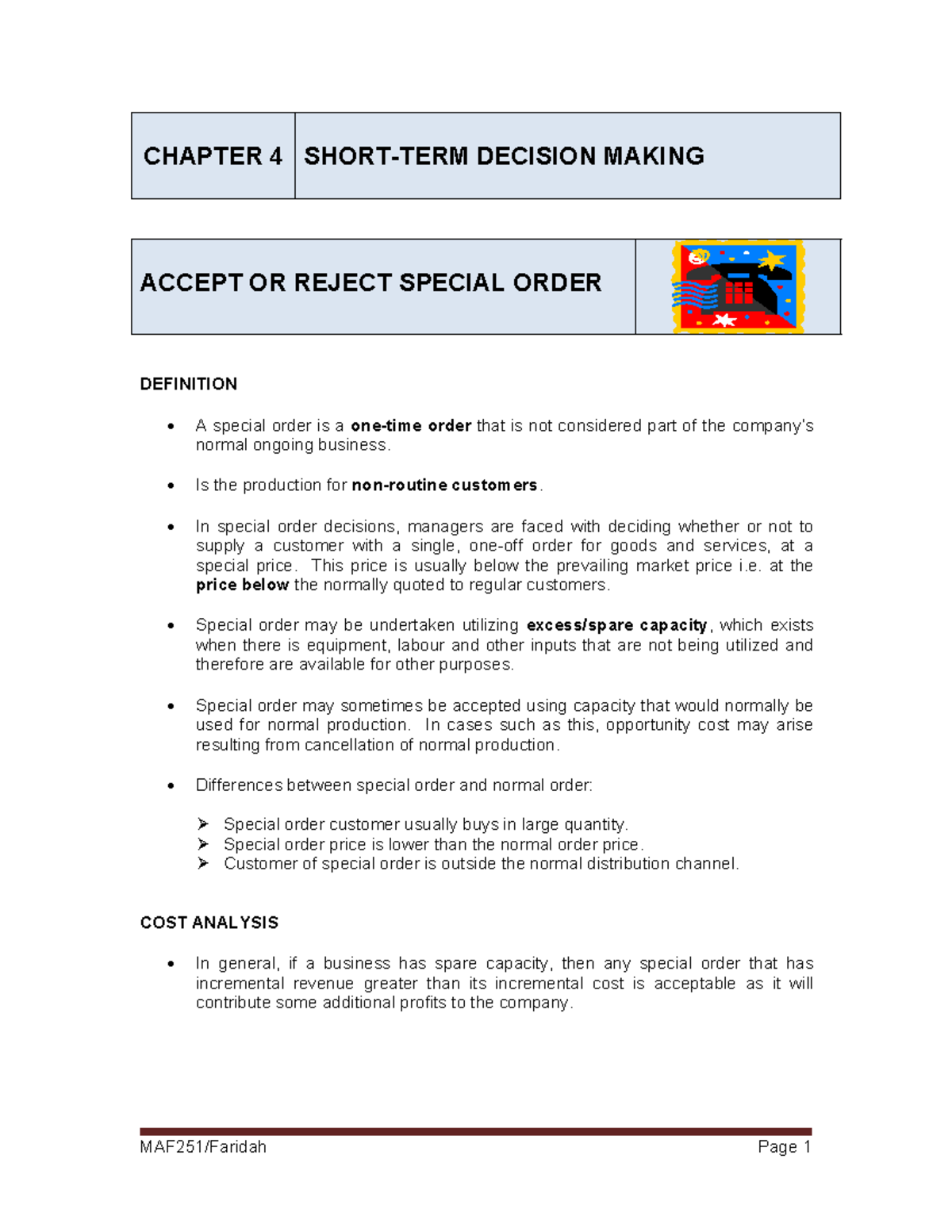 MAF251 Chapter 4: Decision Making on Special Orders - Studocu
