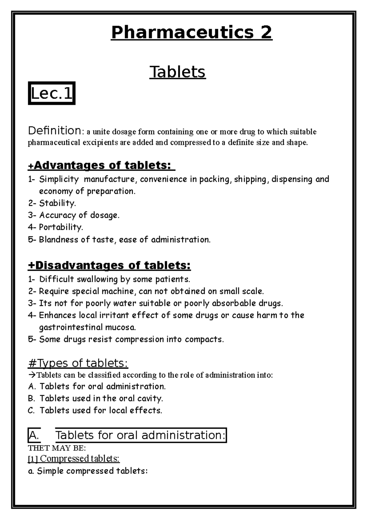 Pharmaceutics 2 - Lecture Notes on Tablet Formulation and Types - Studocu