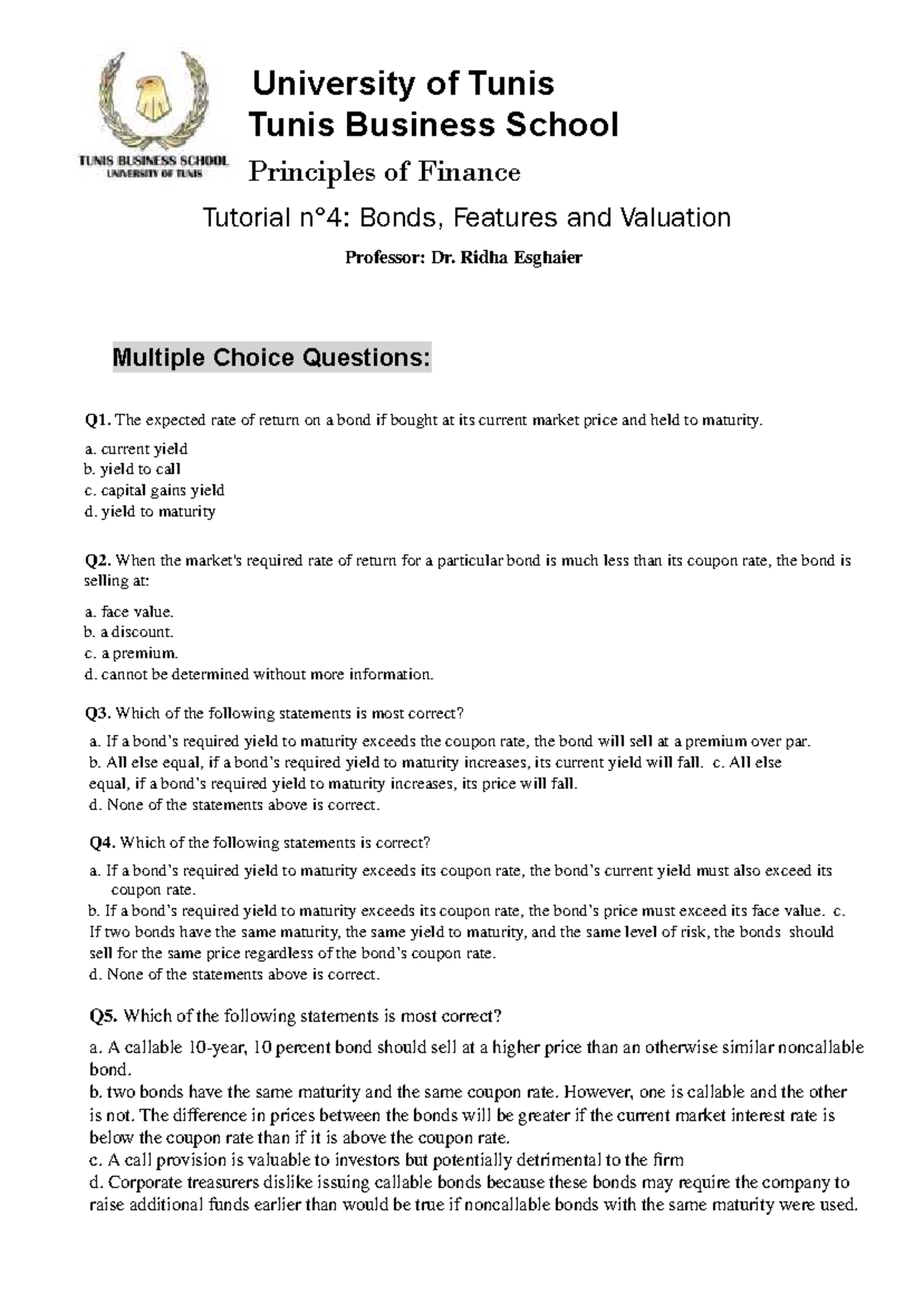 Tutorial 4- Bonds, features and valuation - University of Tunis Tunis ...