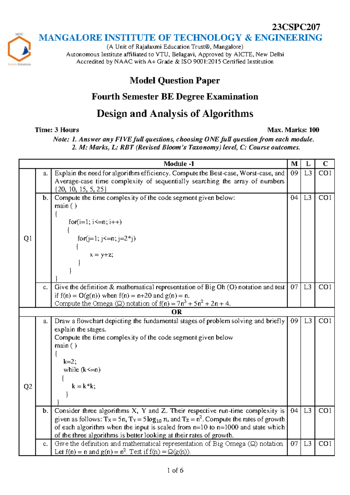 Design and Analysis of Algorithms Model Question Paper 23CSPC207 - Studocu