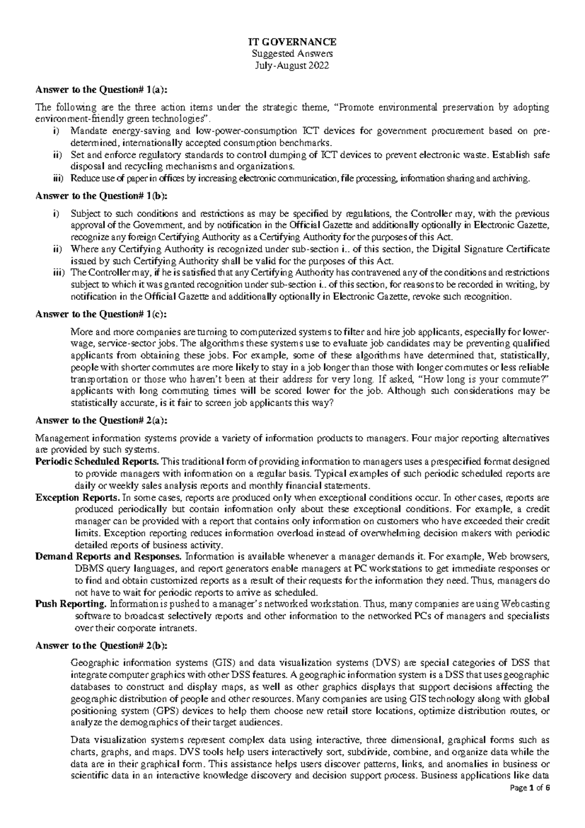 ITG 2022 Suggested Answers: IT Governance July-August Analysis - Studocu