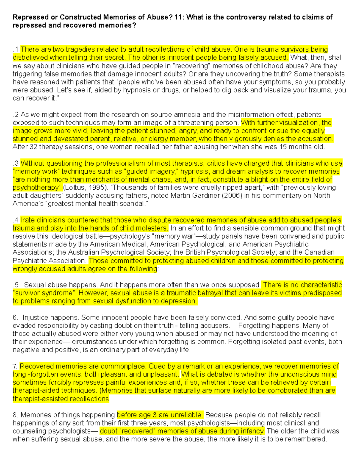 Repressed Memories and the Controversy of Abuse Claims: A Study (PSY 11 ...