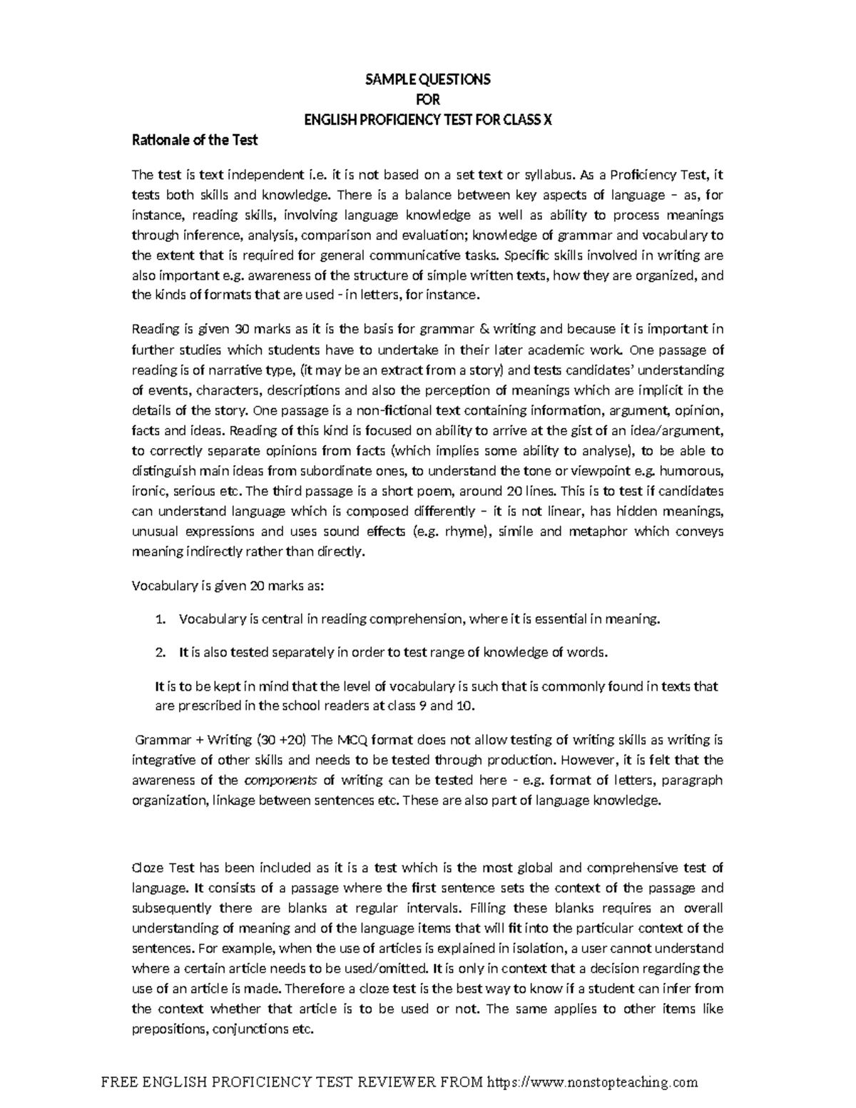 Sample Questions for English Proficiency Test (Class X) - EPT Review ...