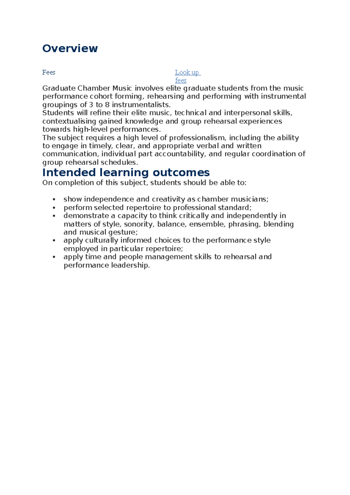 Graduate Chamber Music 3: Overview of Fees and Learning Outcomes - Studocu