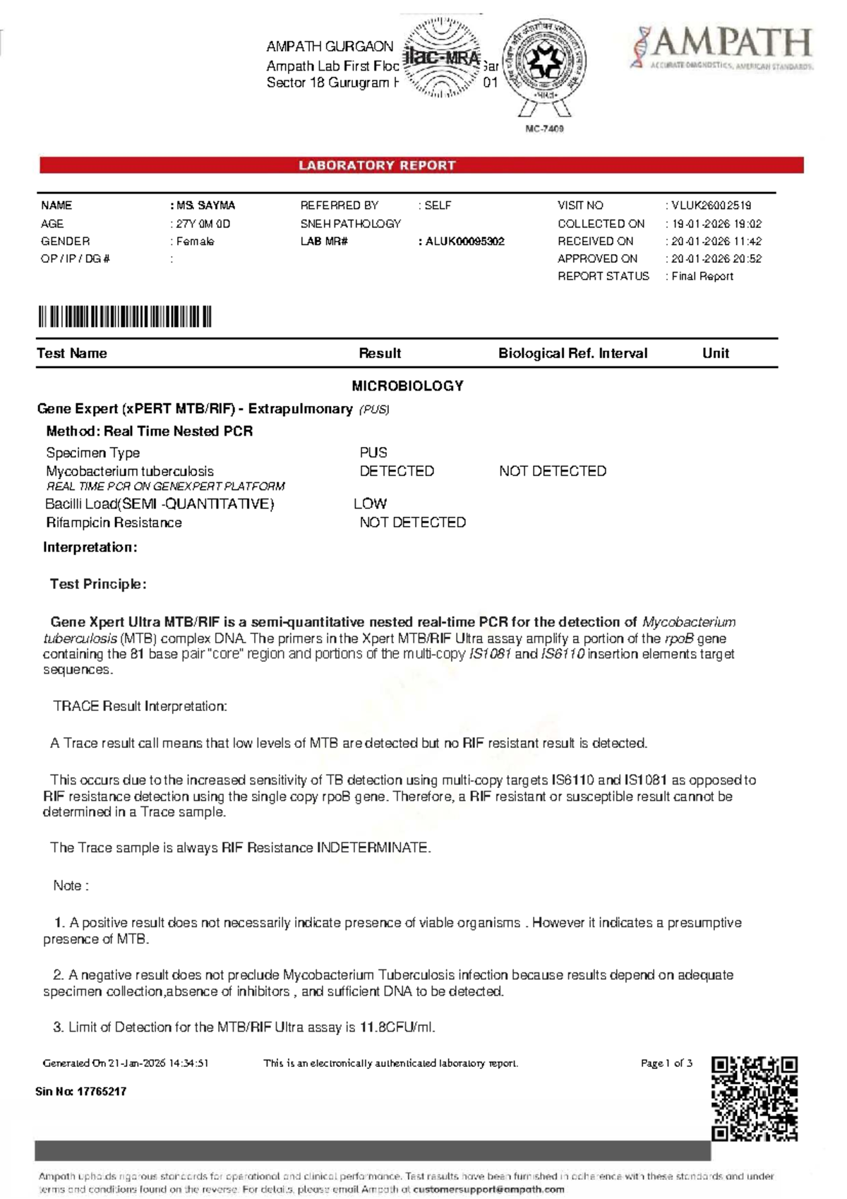 AMPATH GURGAON: Final Report on Mycobacterium Tuberculosis Test - Studocu