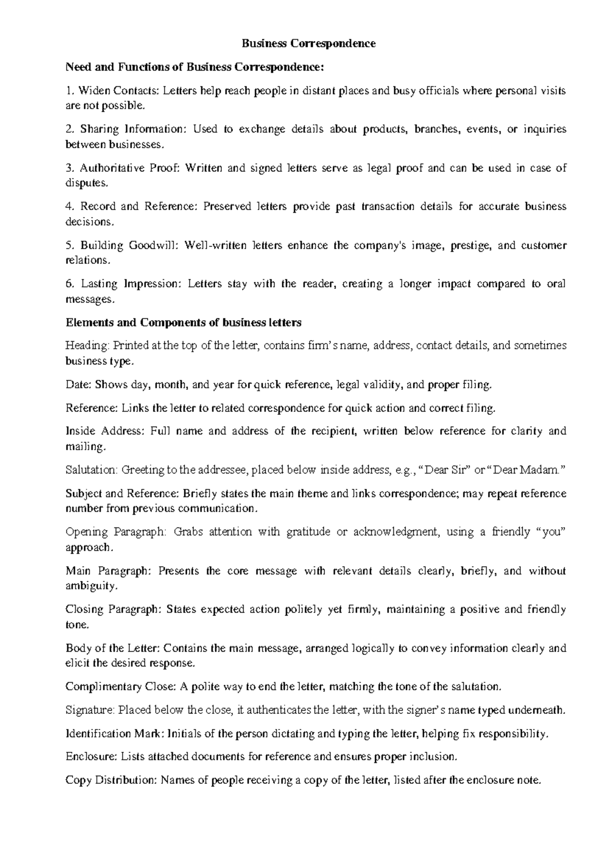 Business Correspondence: Functions and Key Components - Studocu