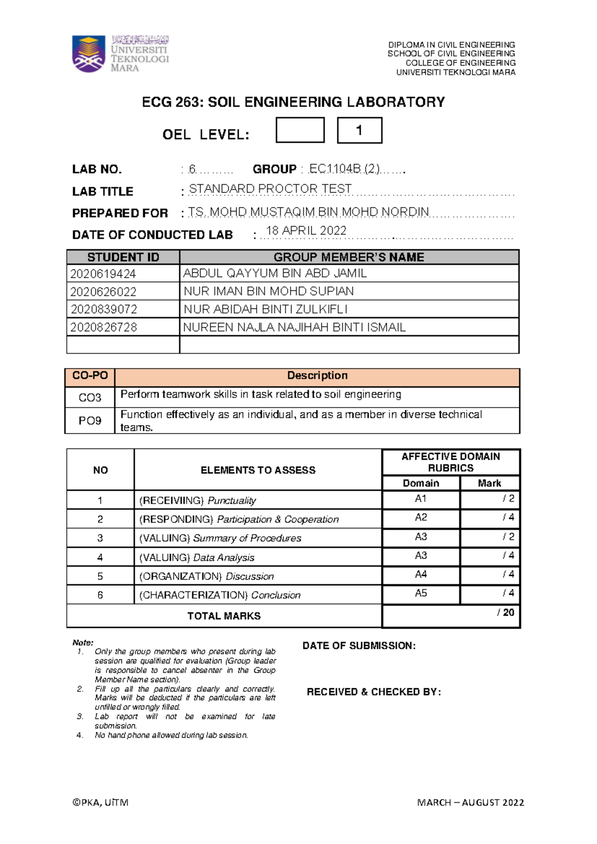 Standard Proctor Test Lab Report - ECG 263: Soil Engineering - Studocu