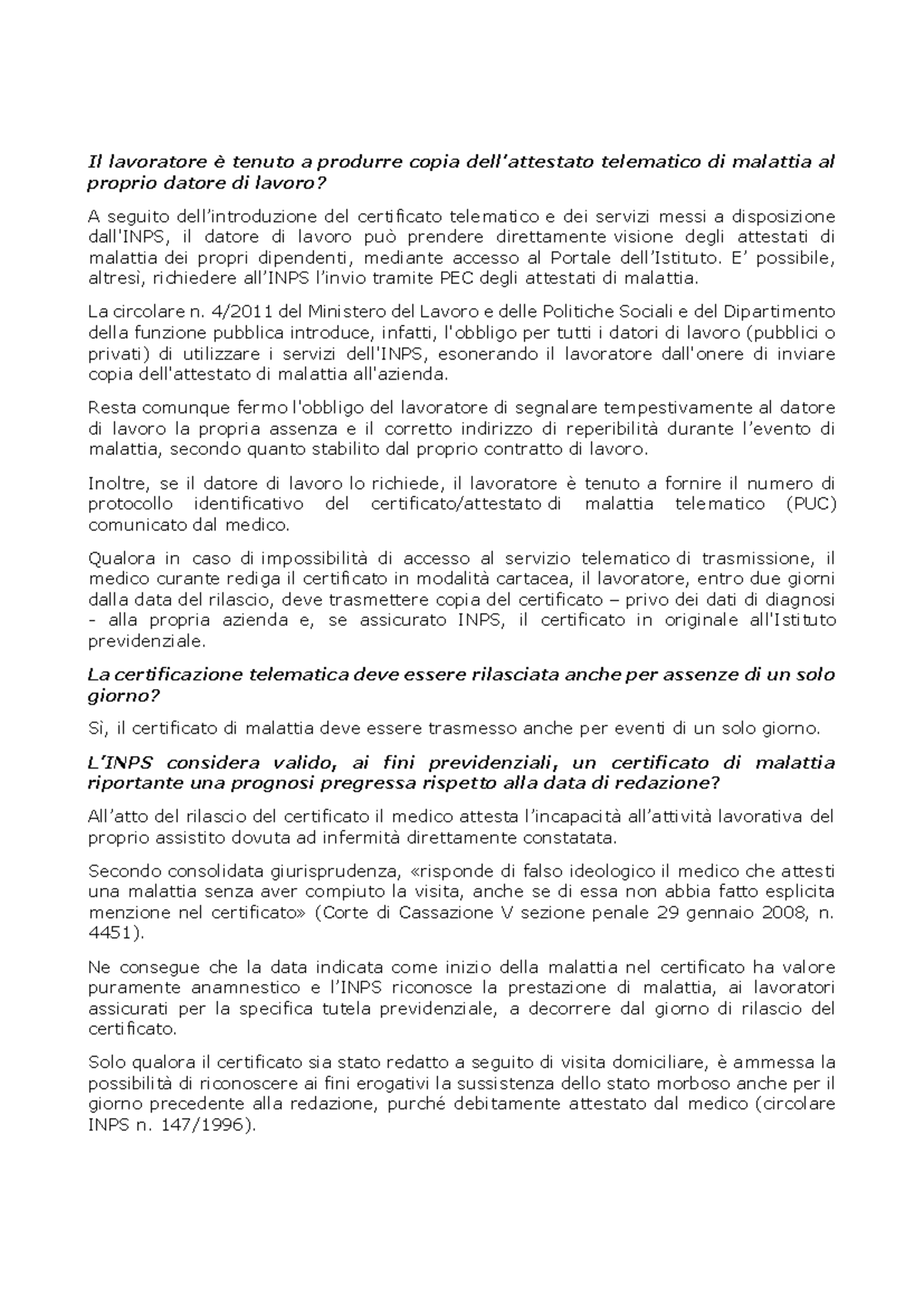 FAQ sui Certificati di Malattia Telematici: Normative e Obblighi - Studocu