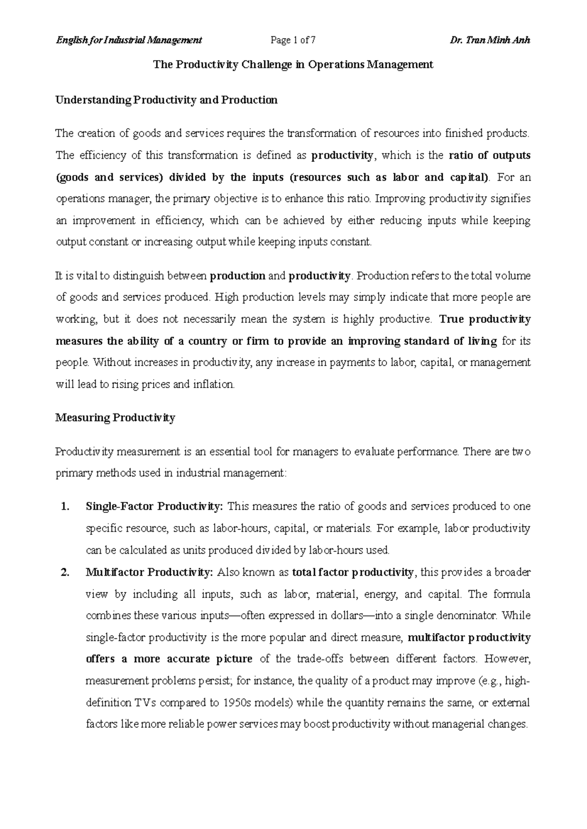 Productivity Worksheet 1: Understanding Efficiency in Operations ...