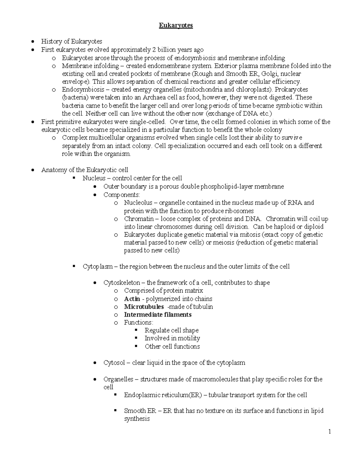 Eukaryotes - Lecture Notes on Evolution and Cell Structure - Studocu