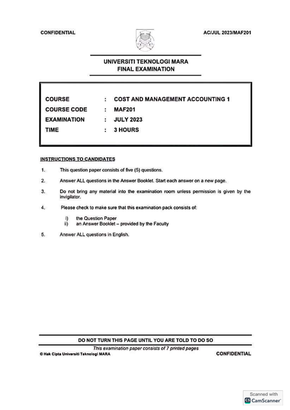MAF201 FINAL EXAMINATION JULY 2023 - COST & MANAGEMENT ACCOUNTING - Studocu