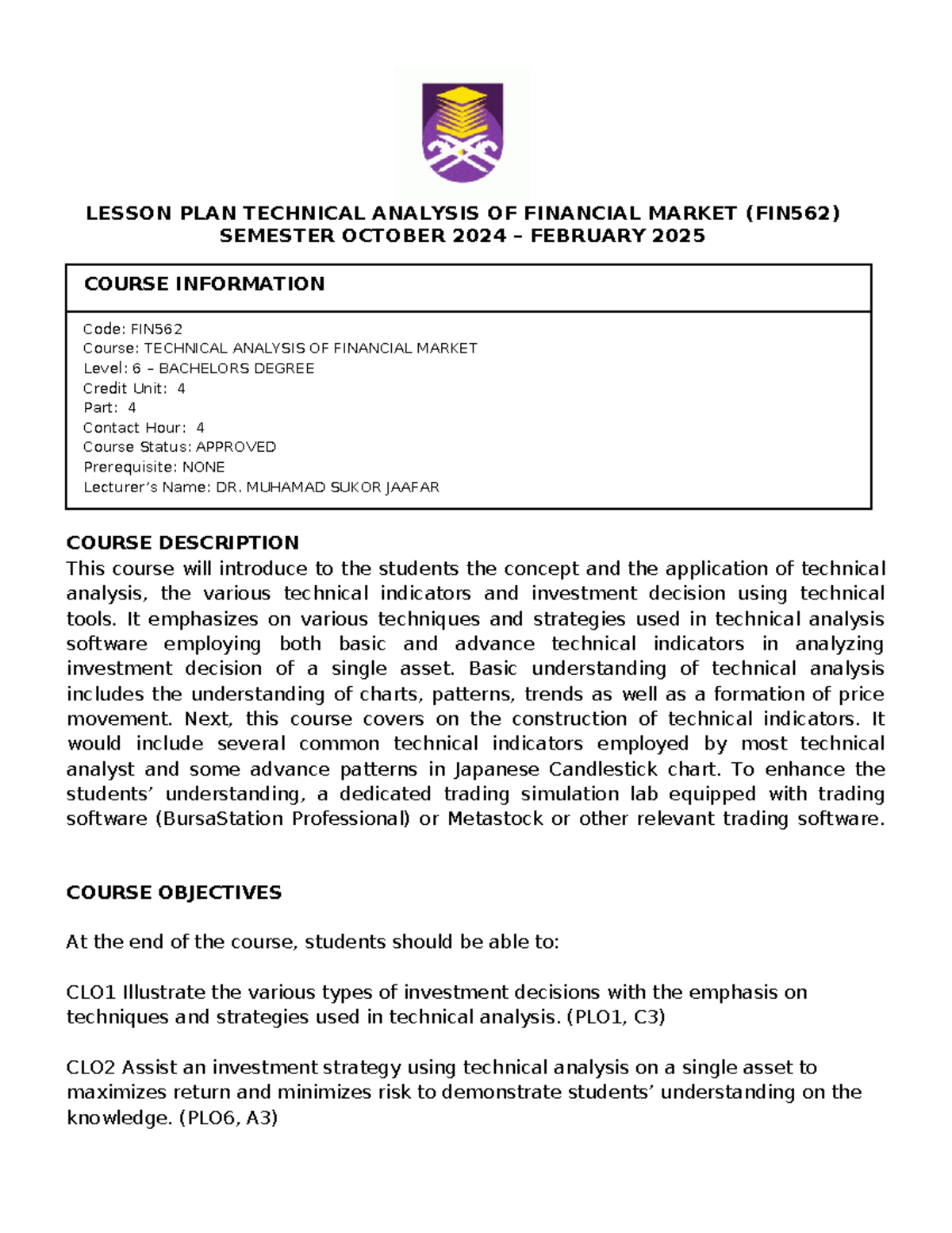Lesson Plan for Technical Analysis of Financial Market (FIN562) SEM OCT ...