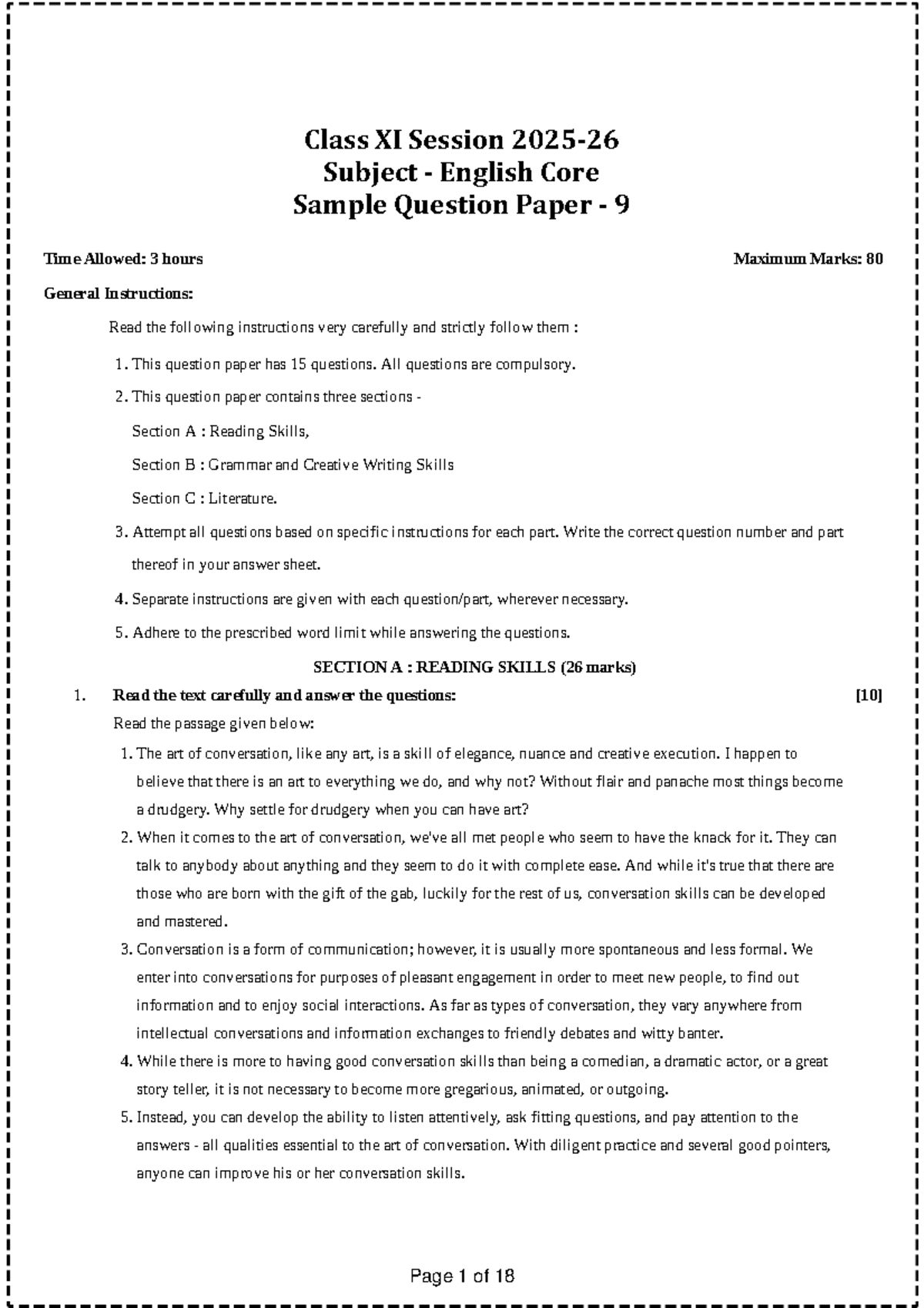 Class XI English Core Sample Question Paper 9: Key Insights and ...