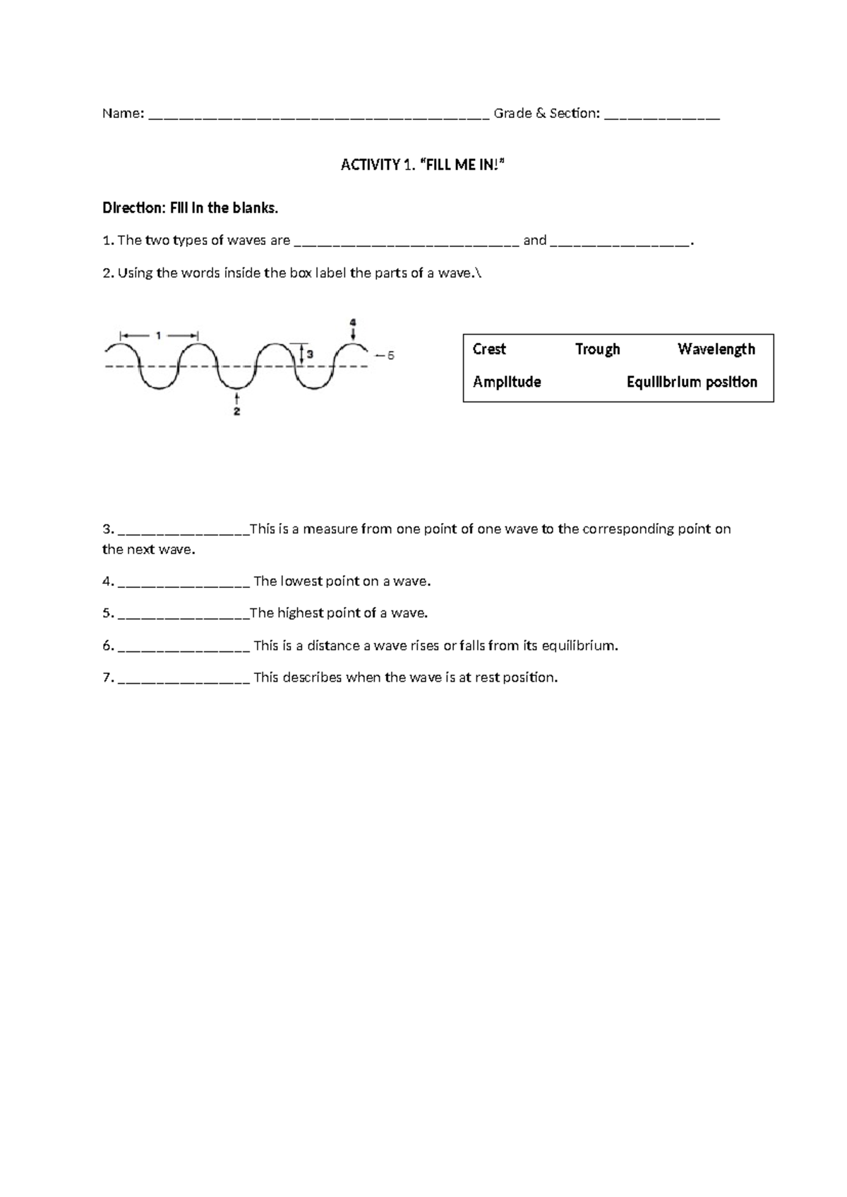 Activity Sheets for EM Spectrum: Fill in the Blanks & True/False - Studocu