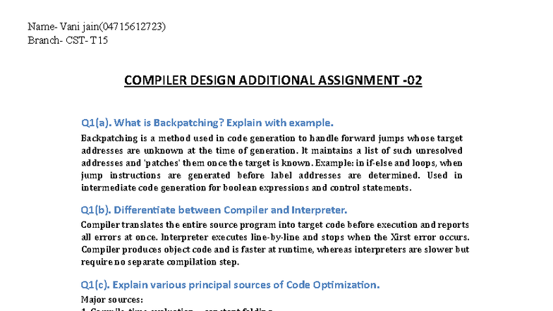 CD Additional Assgn 2 - This is an assignment of compiler design - Name ...
