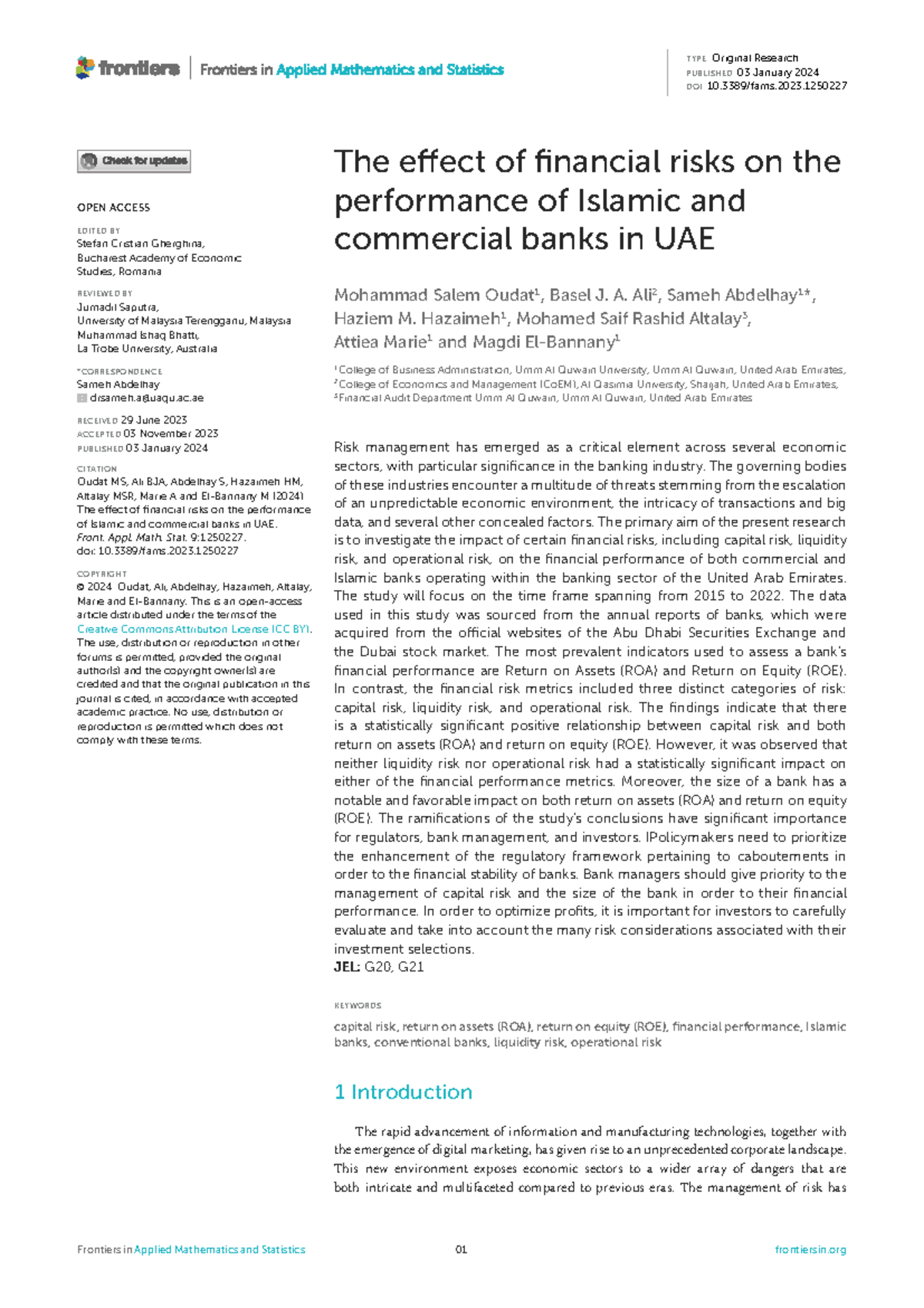 The Impact of Financial Risks on Bank Performance in UAE: A Study (FAMS ...