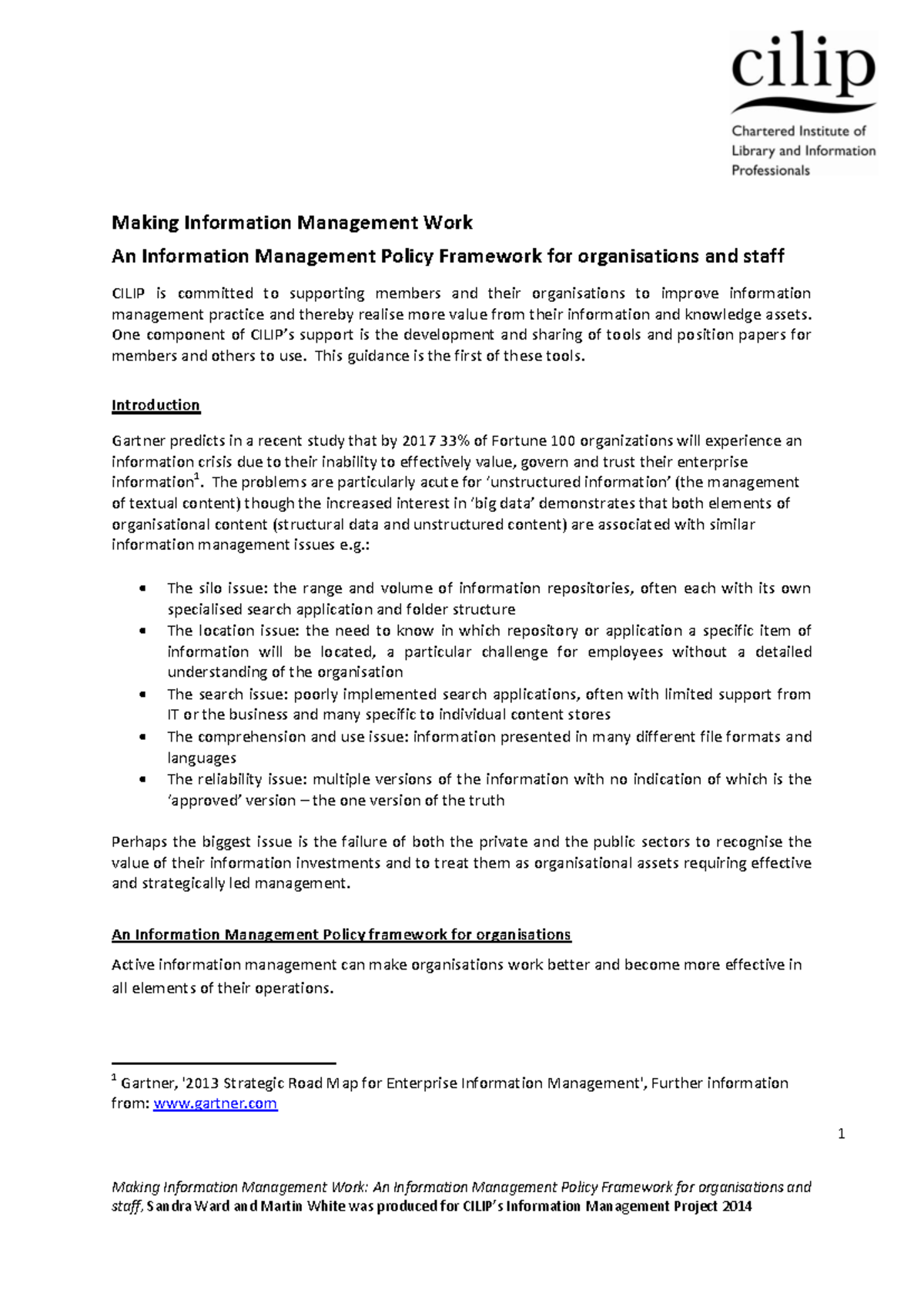 CILIP Information Management Policy Framework - A Guideline for ...