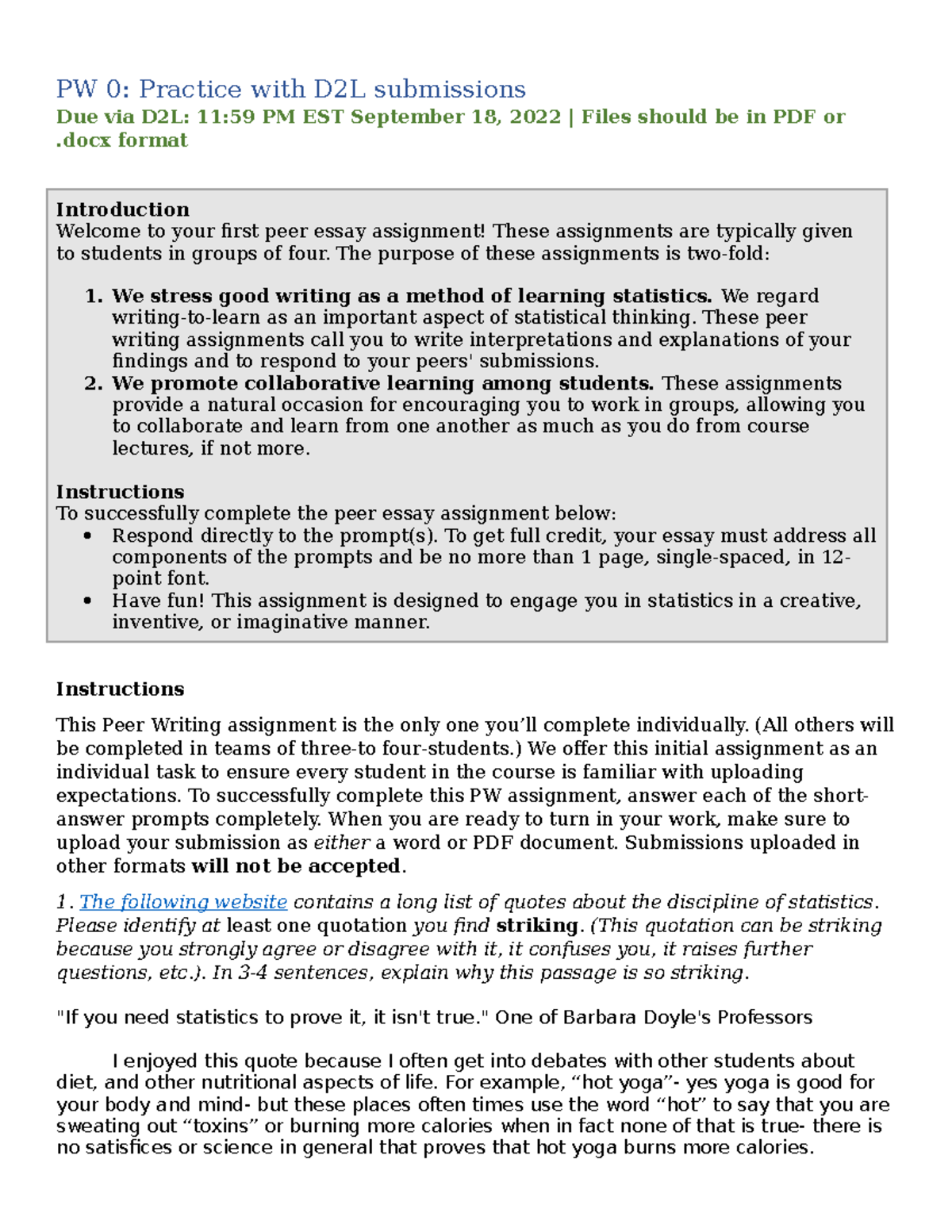PW0 Practice Assignment: Peer Writing in Statistics Exploration - Studocu