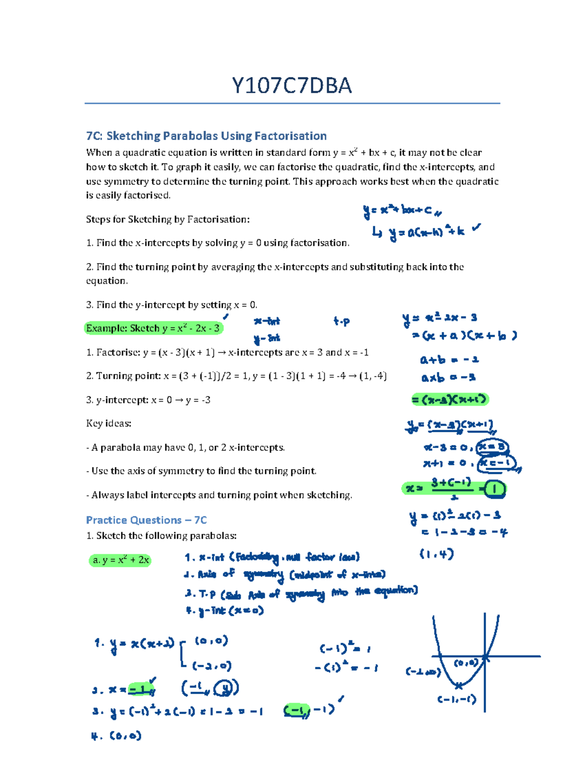 Year 10 Math Notes: Chapter 7C - Sketching Parabolas via Factorisation ...