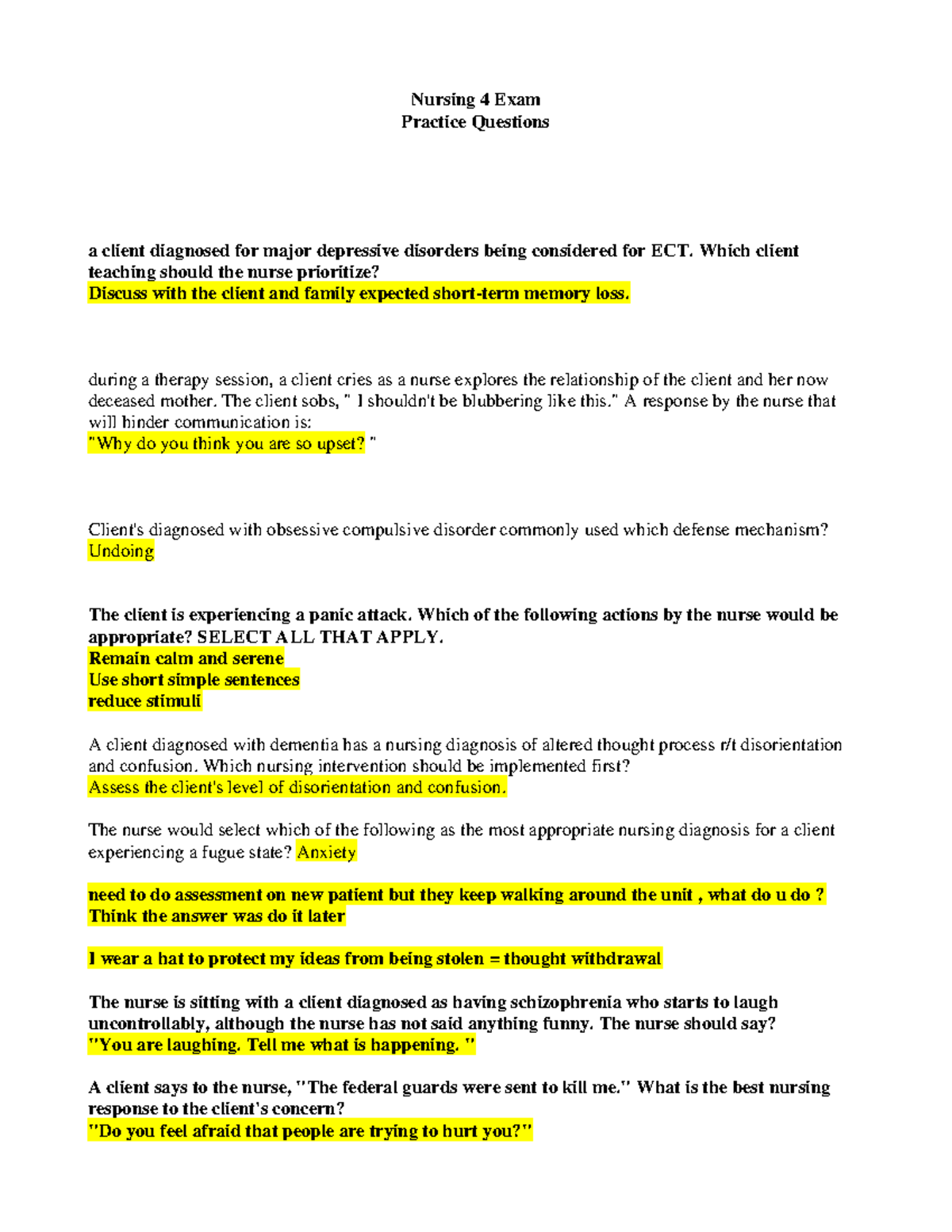 Nursing 4 Exam Practice: Key Concepts in Mental Health Disorders and ...