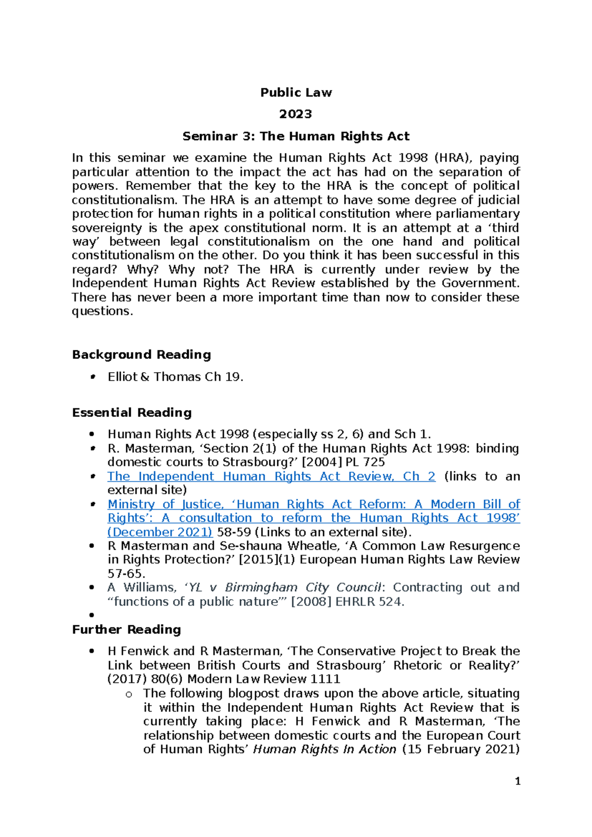 Public Law 2023 - Seminar 3 Handout: The Human Rights Act Analysis ...